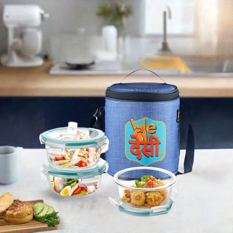 Milton We Desi Borosilicate Glass Tiffin 1200ml with Printed Jacket