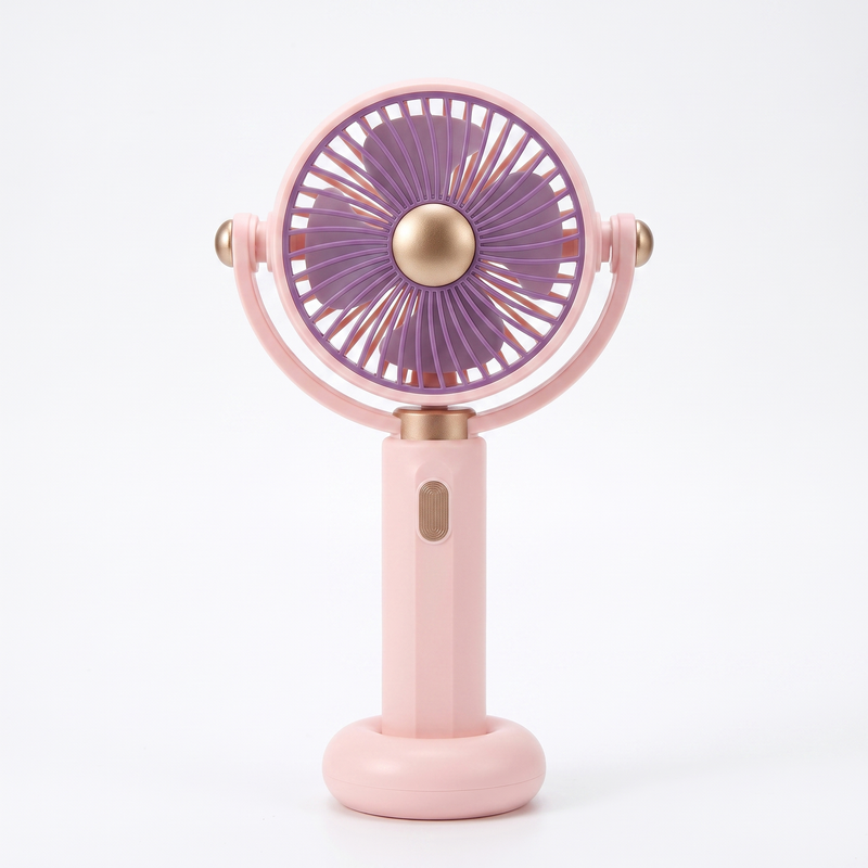 LS rechargeable handheld mini fan in pink with purple blades and antique-gold centre cap, standing upright on its round base