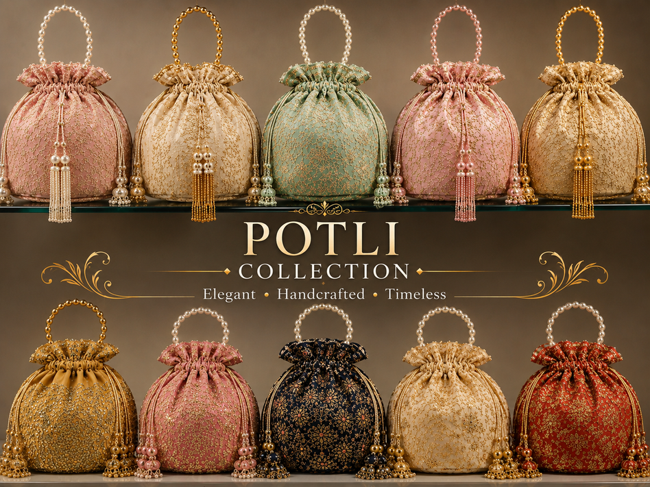Women's potli bags — pearl-embellished ethnic potlis for weddings and festivals at Manglam World India