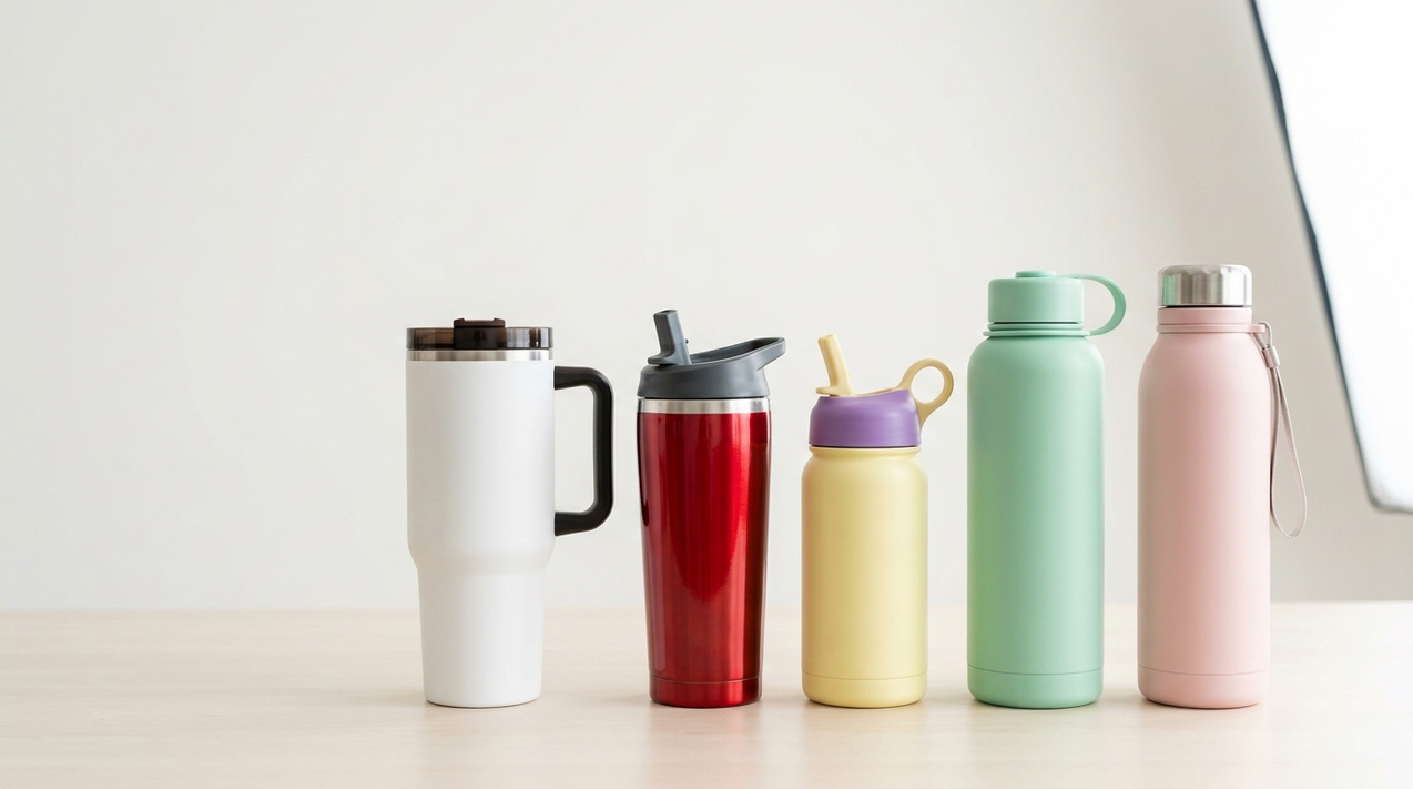 A row of colourful insulated tumblers and kids sipper bottles on a pale wooden surface against a soft white background