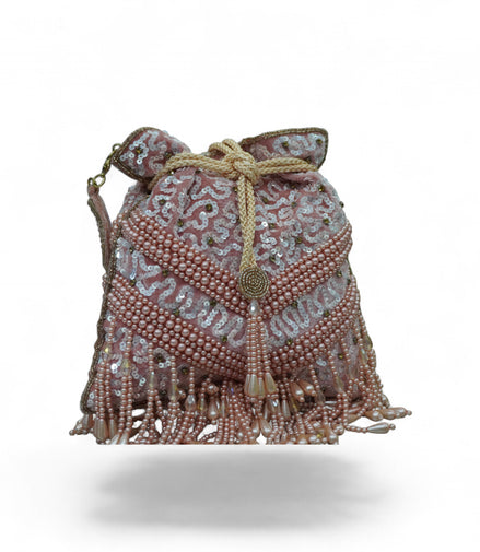 Rosé Pearl Fringe Sequin Potli Bag