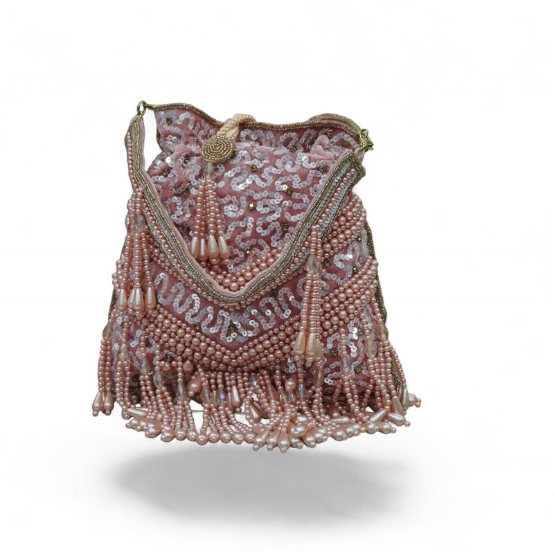 Rosé Pearl Fringe Sequin Potli Bag — side