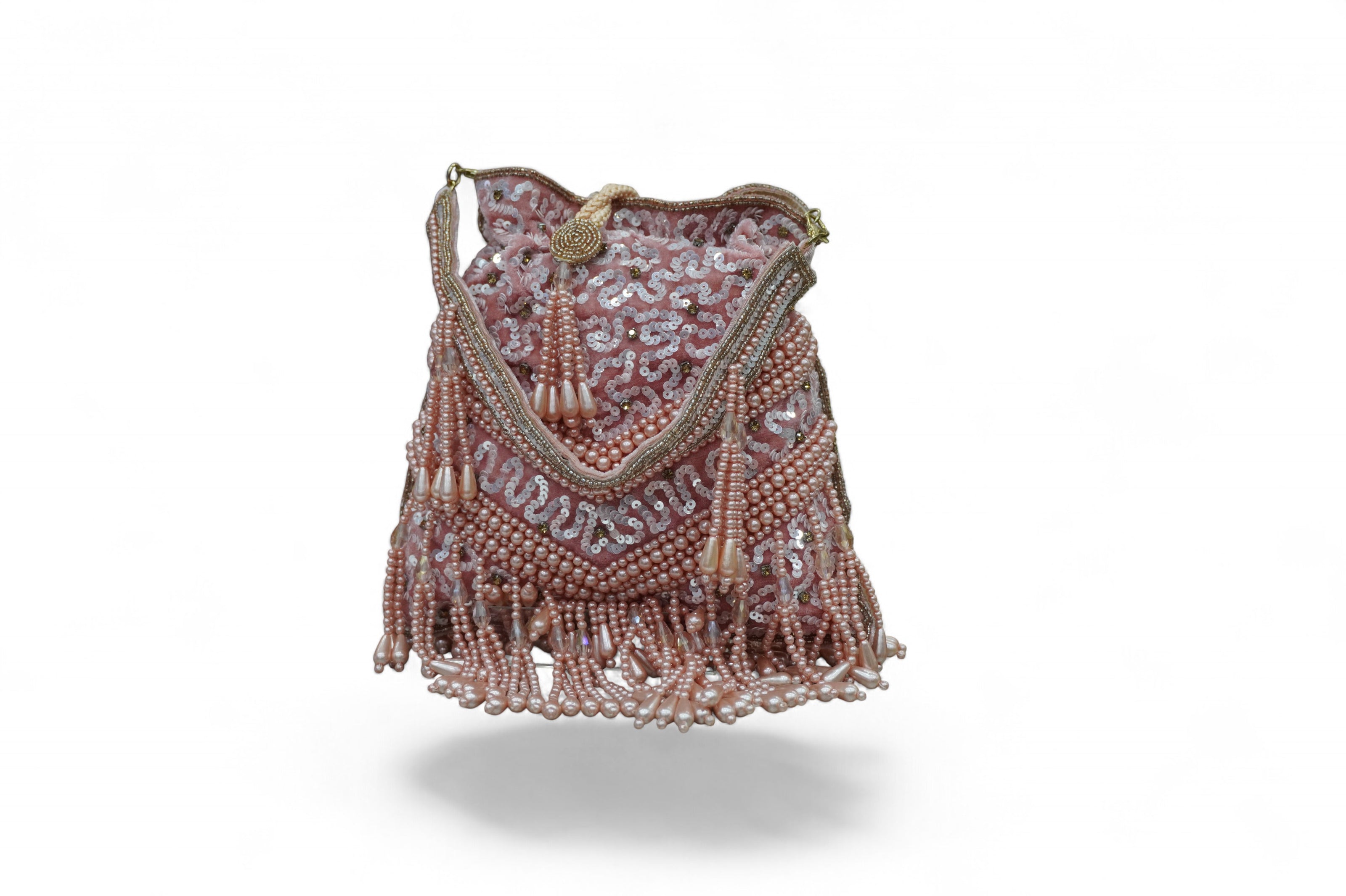 Rosé Pearl Fringe Sequin Potli Bag