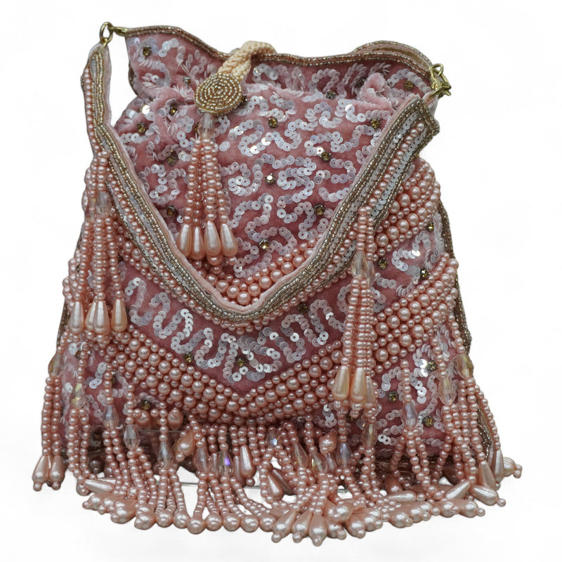 Rosé Pearl Fringe Sequin Potli Bag — detail