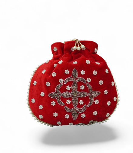 Gulnaar Red Velvet Pearl-Embroidered Potli Bag — front
