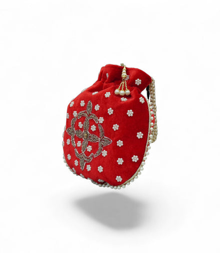 Gulnaar Red Velvet Pearl-Embroidered Potli Bag — angle