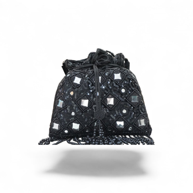 Midnight Sheesha Mirror-Work Potli Bag — front