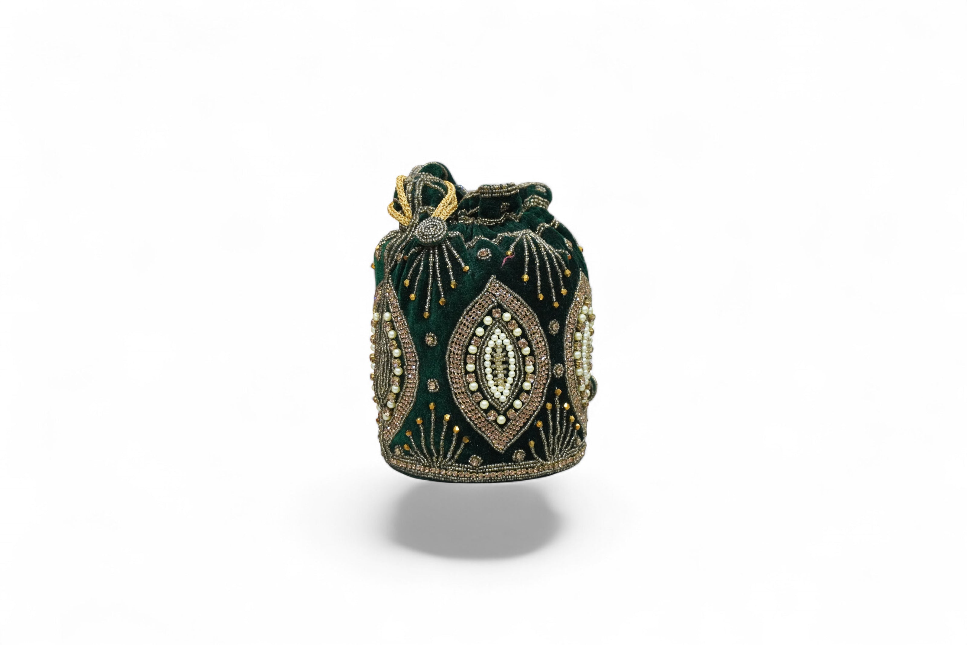 Royal Emerald Velvet Potli – Hand-Embroidered Zardozi with Pearl Beadwork