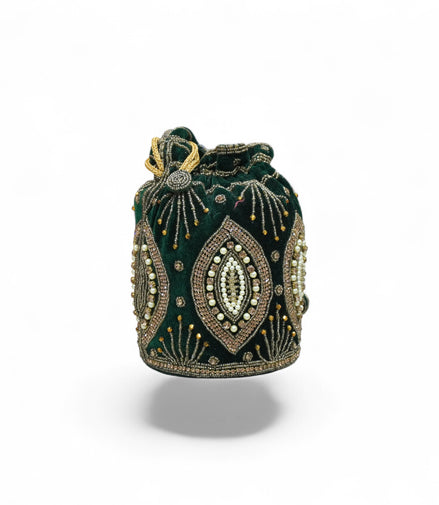 Royal Emerald Velvet Potli – Hand-Embroidered Zardozi with Pearl Beadwork
