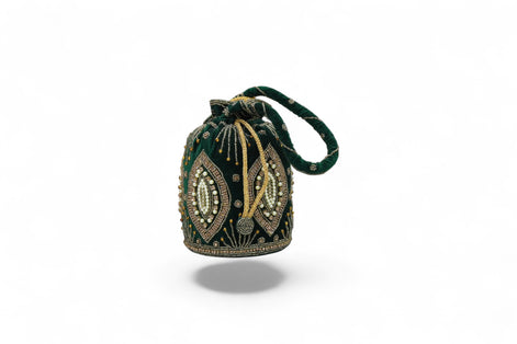 Royal Emerald Velvet Potli – Hand-Embroidered Zardozi with Pearl Beadwork