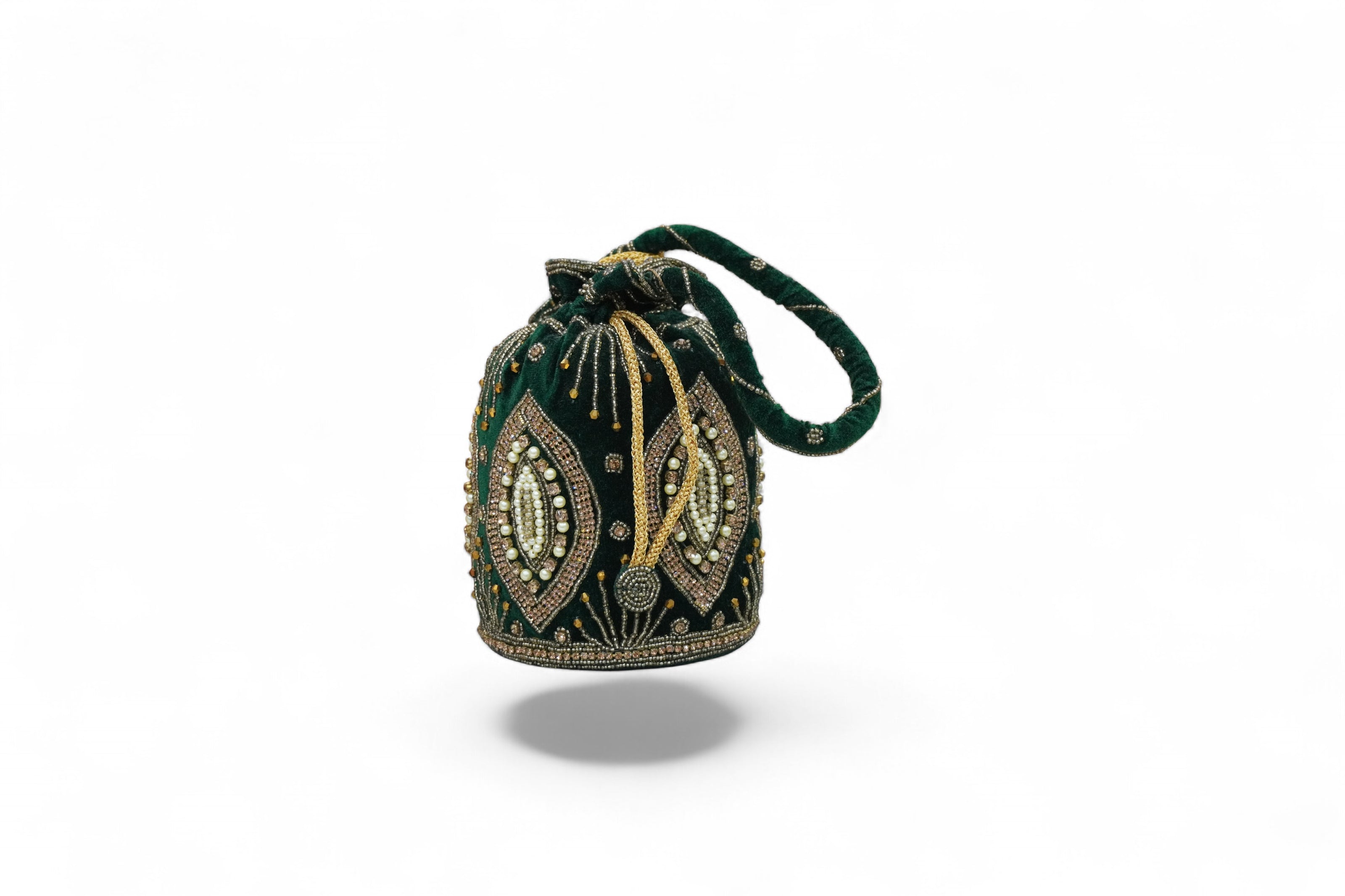 Royal Emerald Velvet Potli – Hand-Embroidered Zardozi with Pearl Beadwork