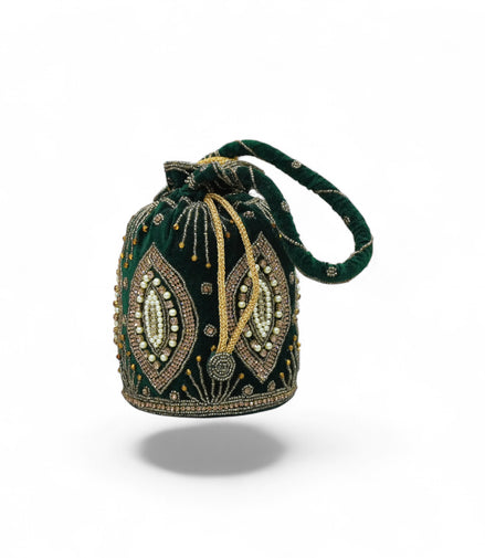 Royal Emerald Velvet Potli – Hand-Embroidered Zardozi with Pearl Beadwork