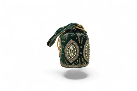 Royal Emerald Velvet Potli – Hand-Embroidered Zardozi with Pearl Beadwork