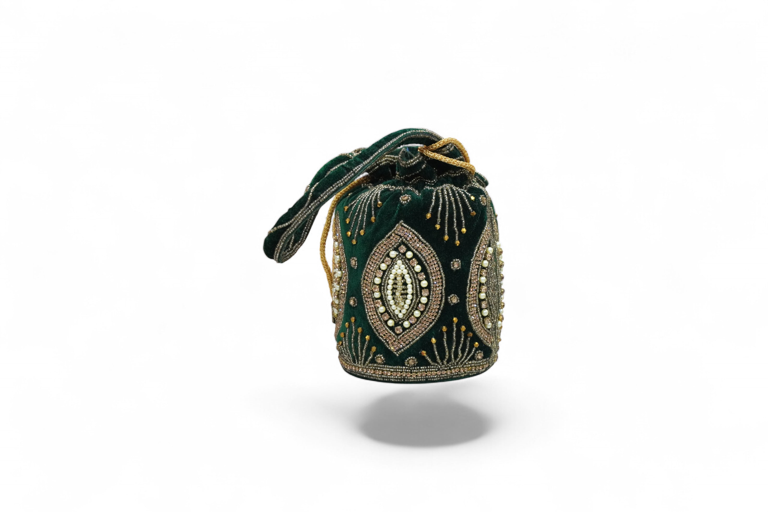 Royal Emerald Velvet Potli – Hand-Embroidered Zardozi with Pearl Beadwork
