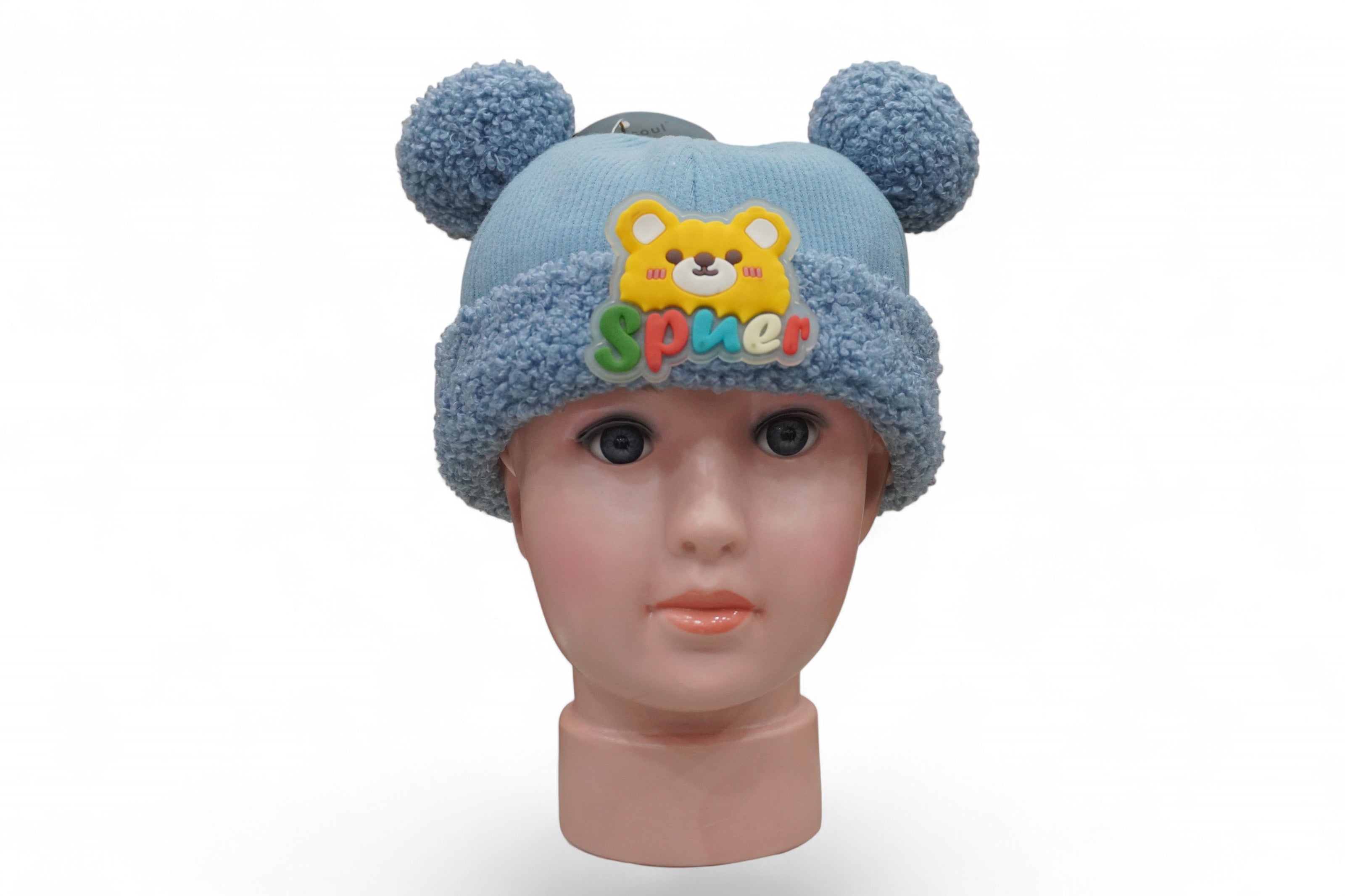 Adorable Blue Teddy Pom-Pom Winter Cap for Babies