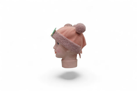 Blush Pink Teddy Ears Knit Cap with Pom-Poms for Kids