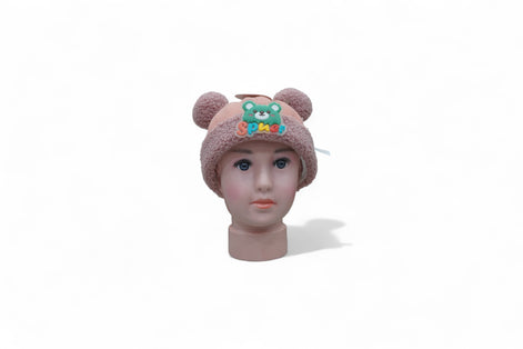 Blush Pink Teddy Ears Knit Cap with Pom-Poms for Kids