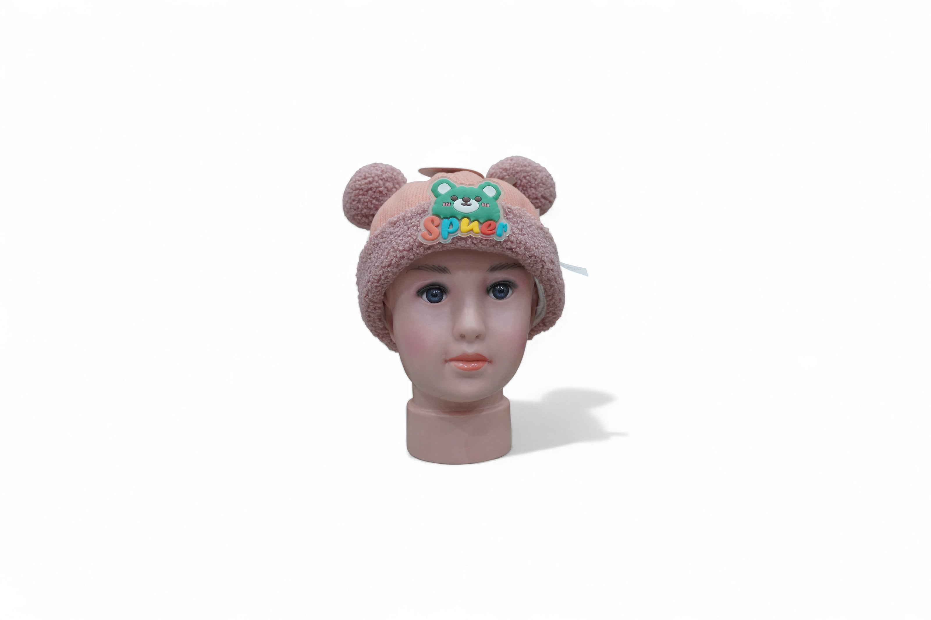 Blush Pink Teddy Ears Knit Cap with Pom-Poms for Kids