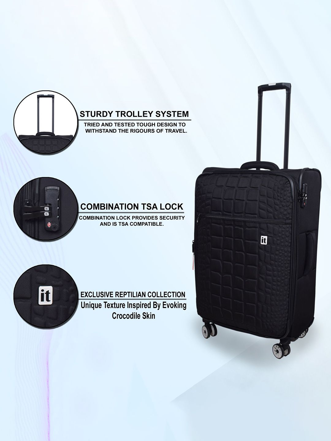 IT Luggage Reptilian Black Trolley Bag