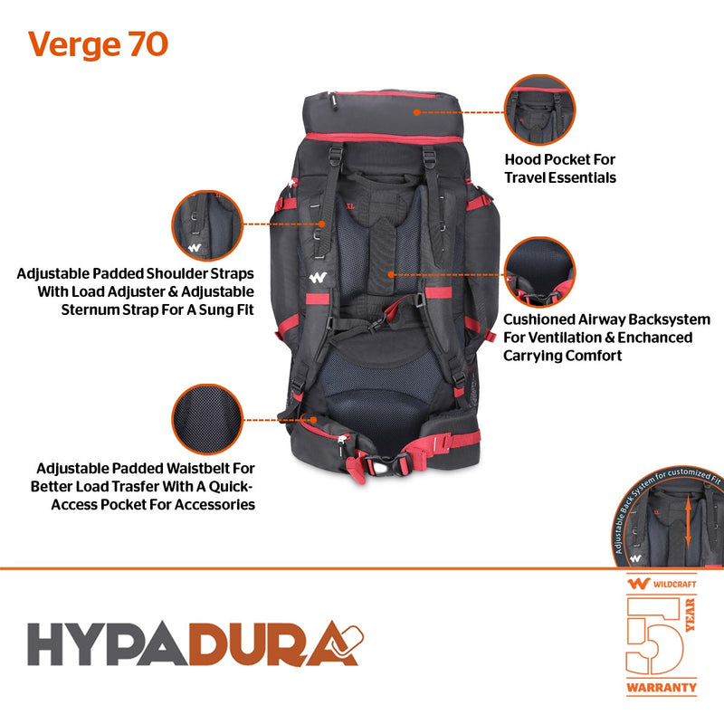 Wildcraft Verge 70 L rucksack in Black - harness and strap detail