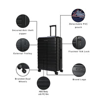 Tommy Hilfiger Hoover X Hardside Trolley Bag in Black — feature infographic: TSA lock, anti-theft zipper, dual wheels