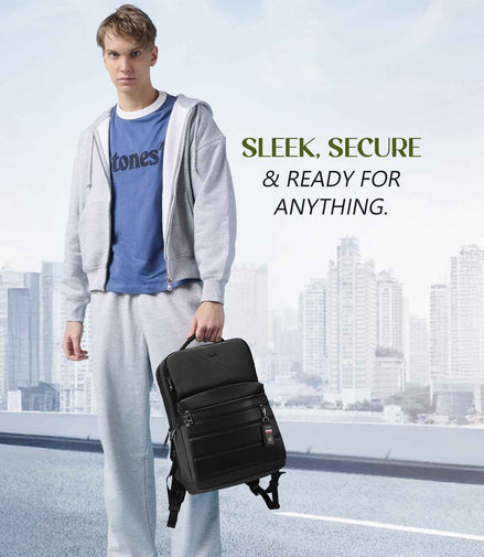 Tommy Hilfiger Bladen Water-Resistant Laptop Backpack in Black — lifestyle shot, model carrying it