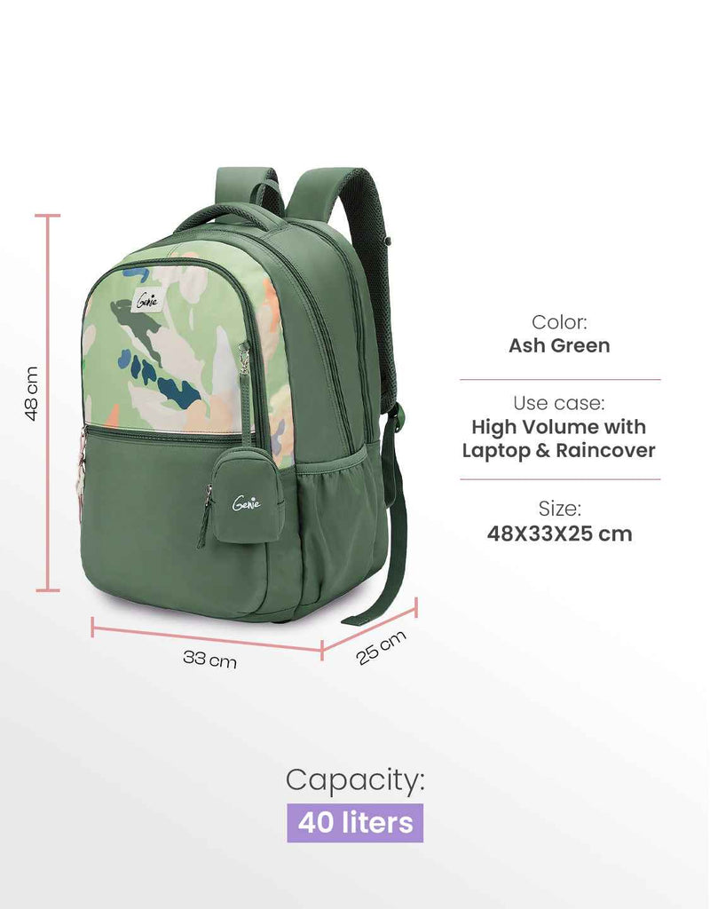 Genie Sketch 40L Laptop Backpack With Raincover - Ash Green