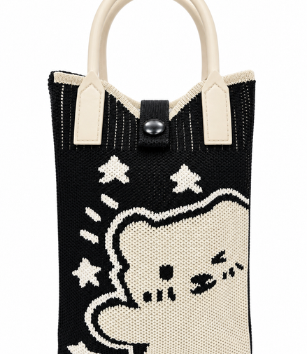 Women's Black & Cream Knitted Cat Shoulder Bag