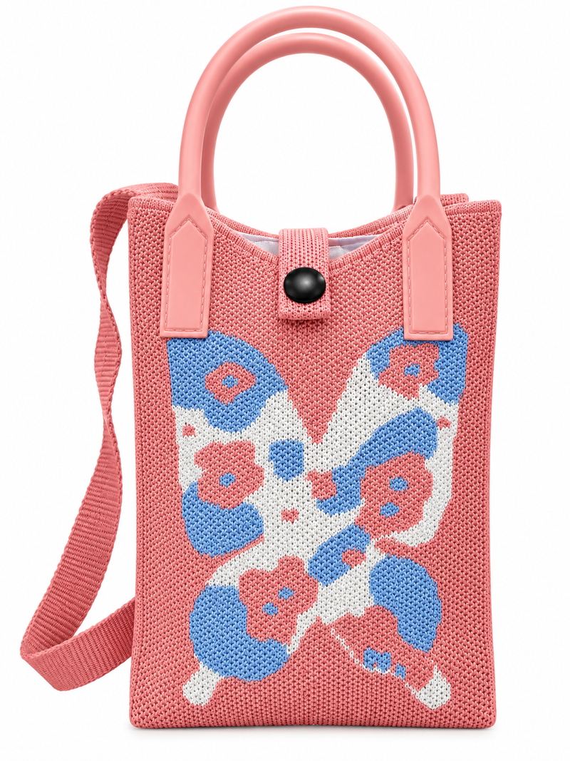 Women's Pink & Blue Knitted Floral Shoulder Bag