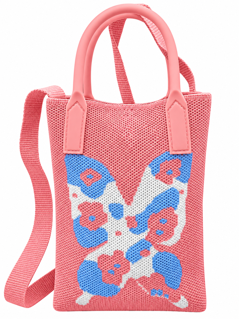 Women's Pink & Blue Knitted Floral Shoulder Bag