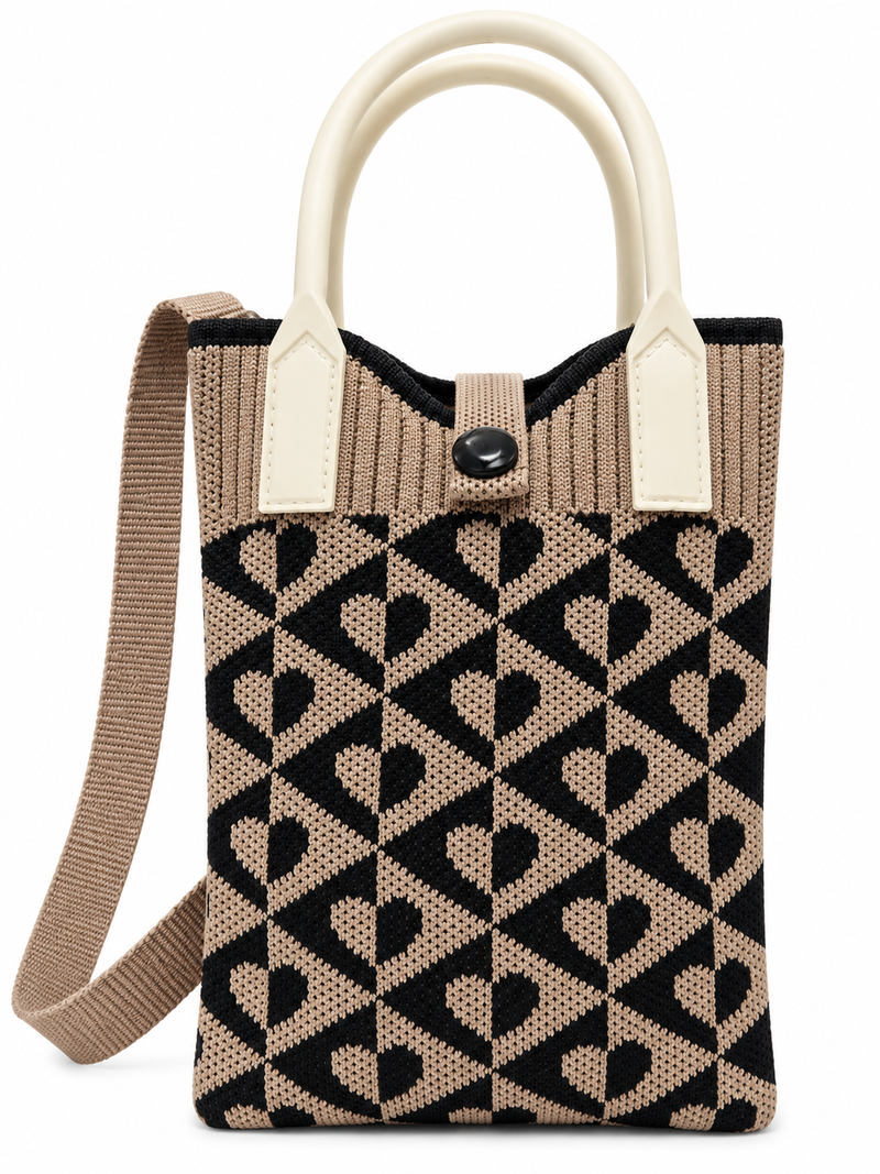 Women's Stylish Knitted Handbag with Shoulder Strap – Beige & Black