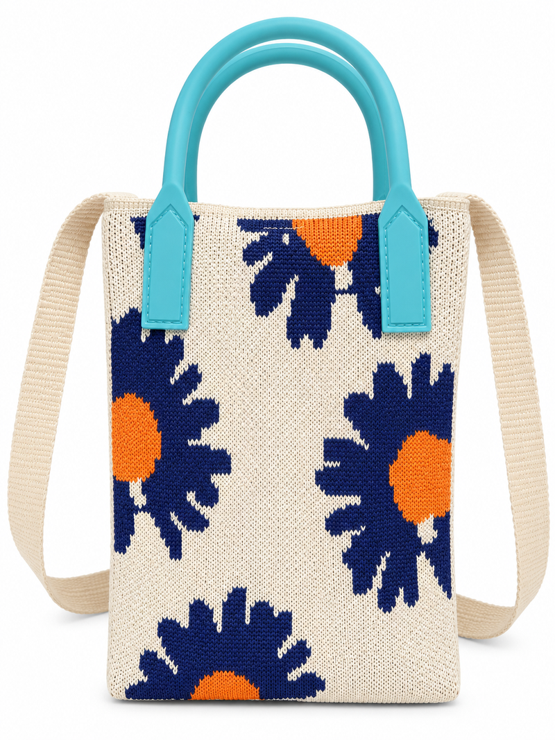 Women’s Blue & Orange Floral Knitted Shoulder Bag – Stylish Sling Bag