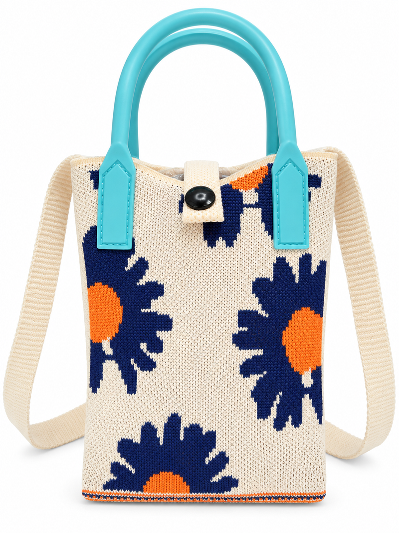 Women’s Blue & Orange Floral Knitted Shoulder Bag – Stylish Sling Bag