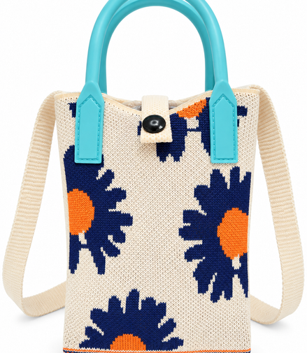 Women’s Blue & Orange Floral Knitted Shoulder Bag – Stylish Sling Bag