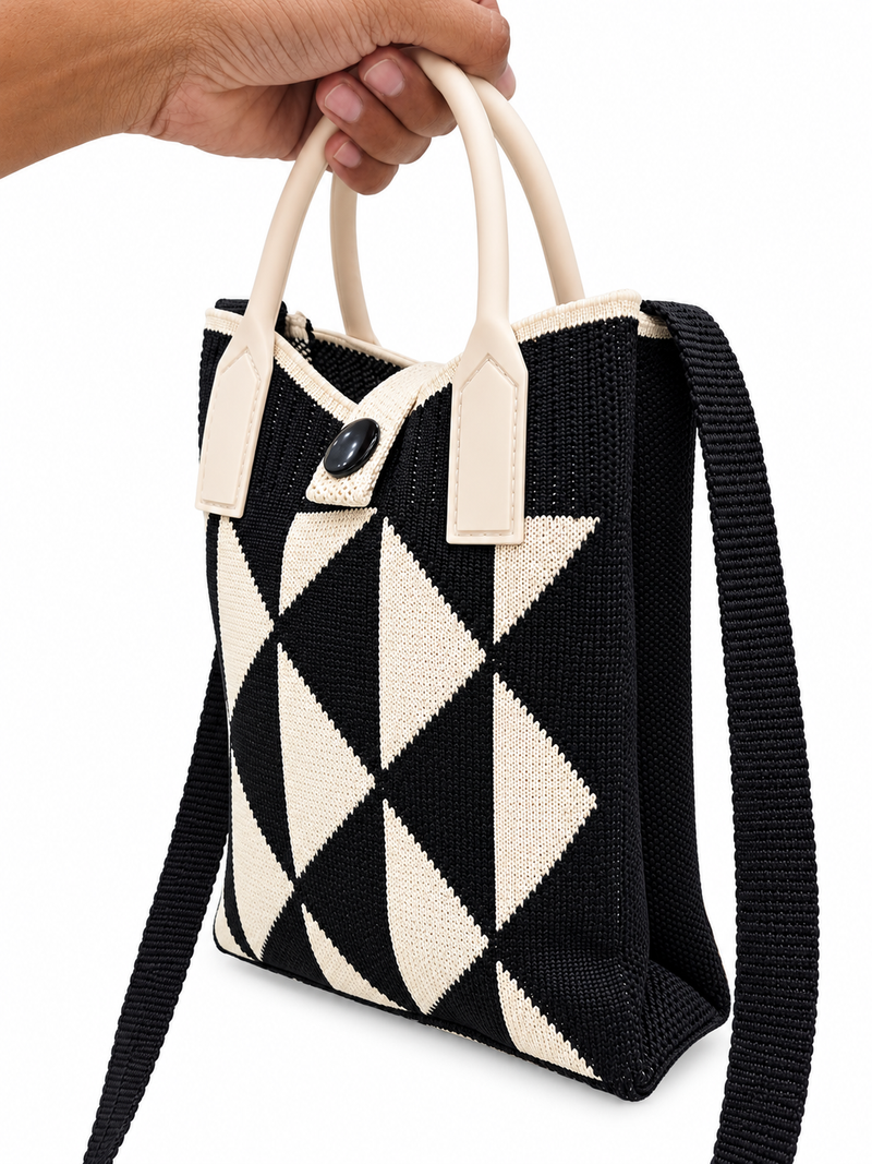 Women’s Black & Cream Geometric Knitted Shoulder Bag – Stylish Sling Bag