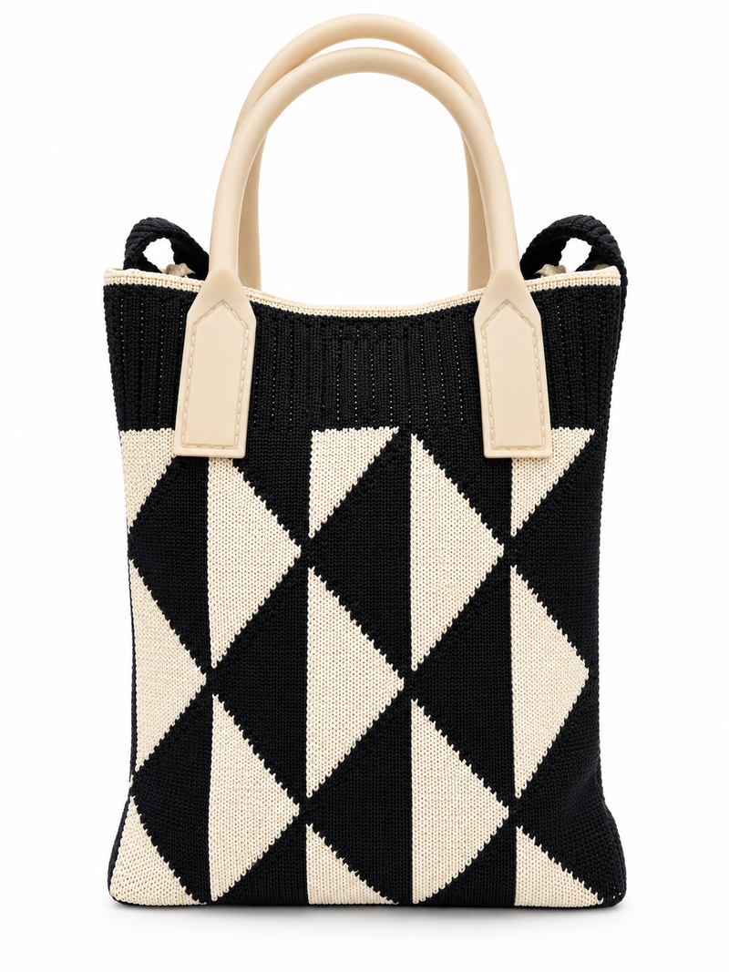Women’s Black & Cream Geometric Knitted Shoulder Bag – Stylish Sling Bag
