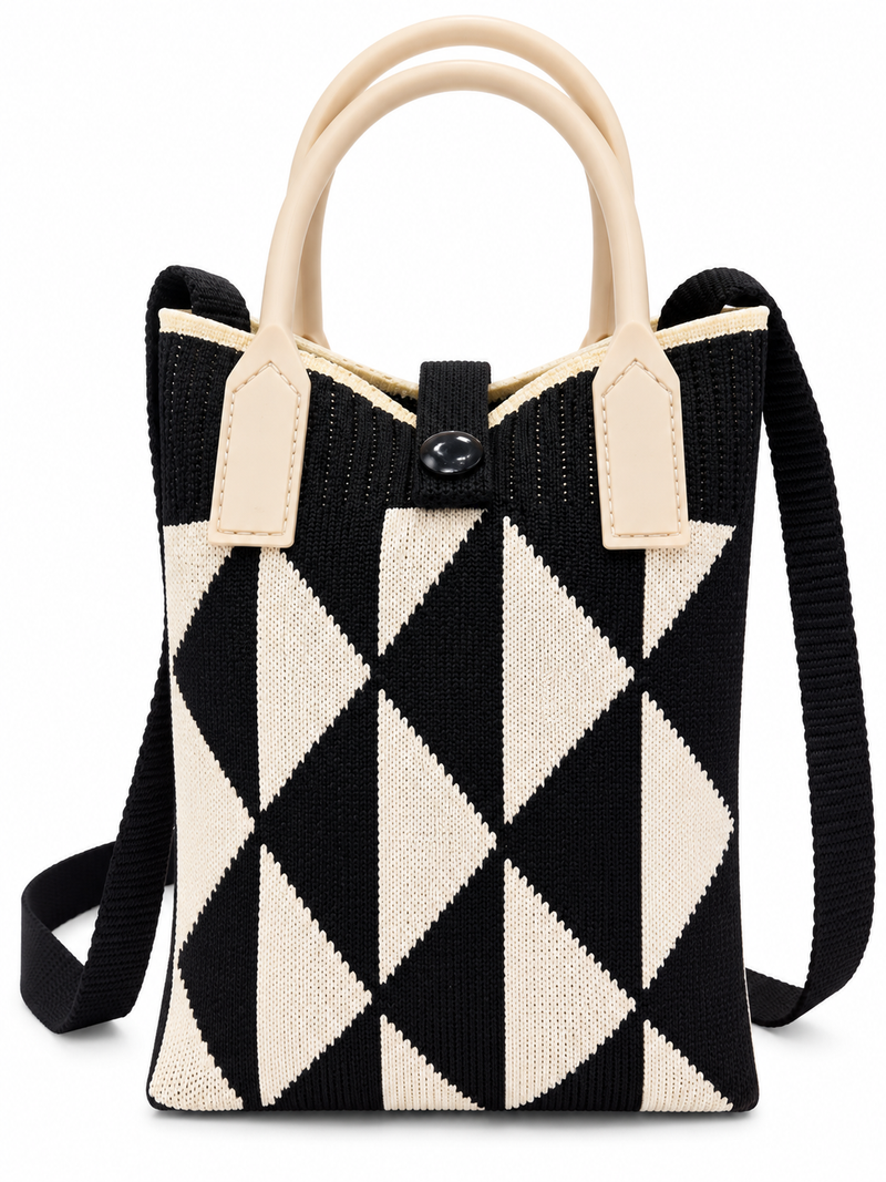 Women’s Black & Cream Geometric Knitted Shoulder Bag – Stylish Sling Bag
