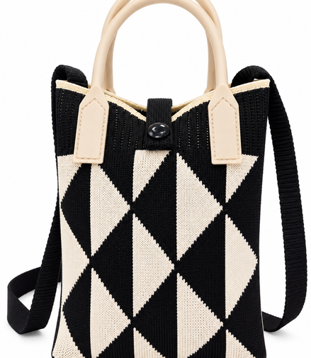 Women’s Black & Cream Geometric Knitted Shoulder Bag – Stylish Sling Bag