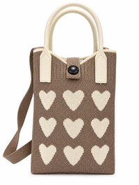 Women's Brown & Cream Knitted Heart Pattern Shoulder Bag