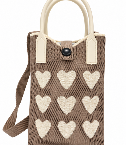 Women's Brown & Cream Knitted Heart Pattern Shoulder Bag