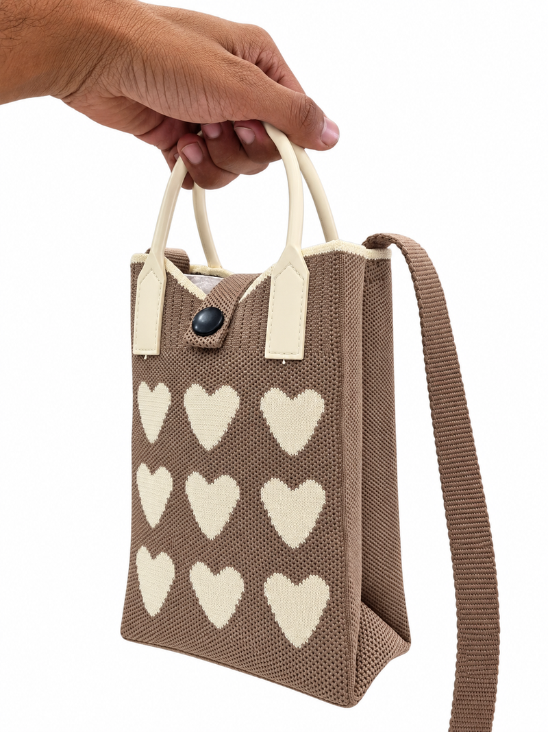 Women's Brown & Cream Knitted Heart Pattern Shoulder Bag
