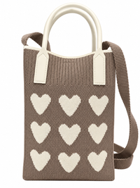 Women's Brown & Cream Knitted Heart Pattern Shoulder Bag
