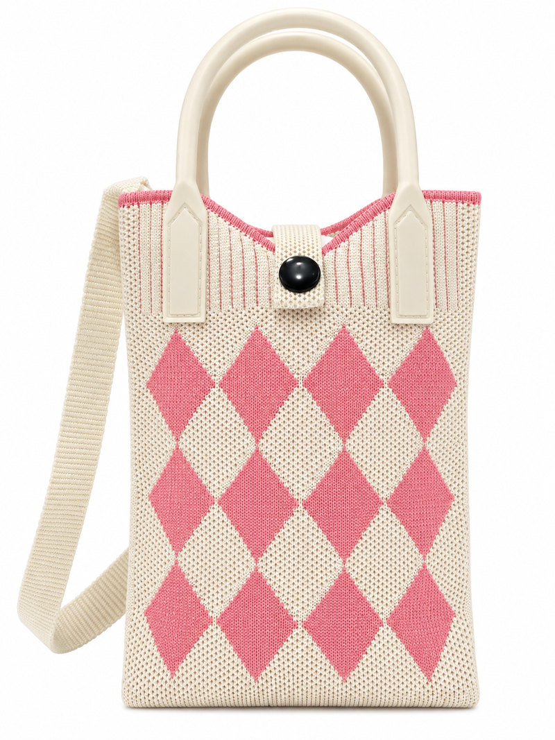 Women’s Pink & White Knitted Mobile Shoulder Bag – Stylish Sling Bag