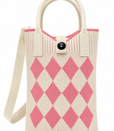 Women’s Pink & White Knitted Mobile Shoulder Bag – Stylish Sling Bag