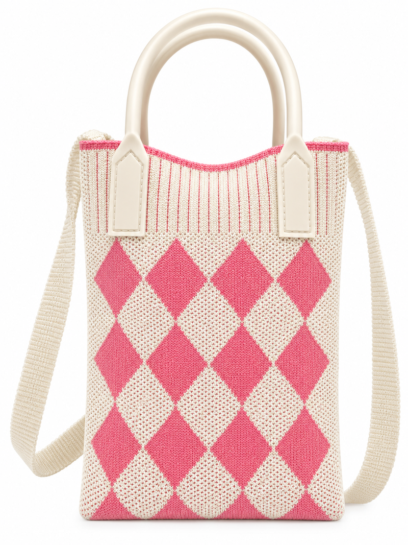 Women’s Pink & White Knitted Mobile Shoulder Bag – Stylish Sling Bag