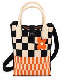 Women’s Black & Cream Checked Knitted Shoulder Bag with Orange Floral Detail