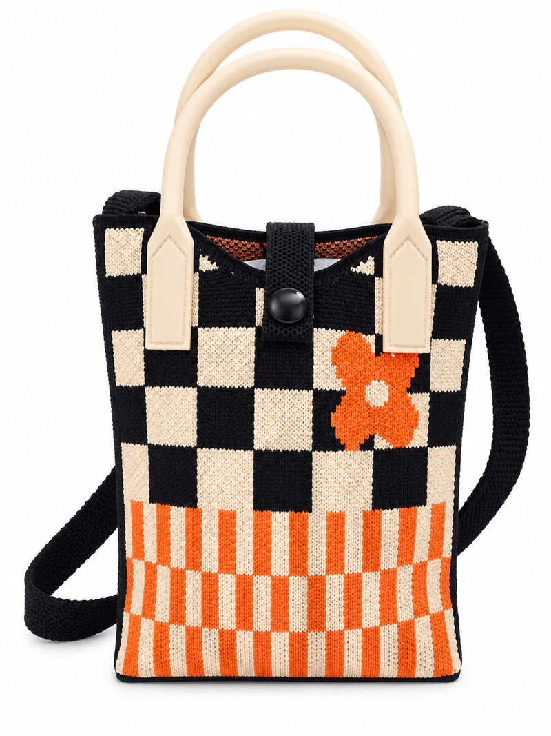 Women’s Black & Cream Checked Knitted Shoulder Bag with Orange Floral Detail