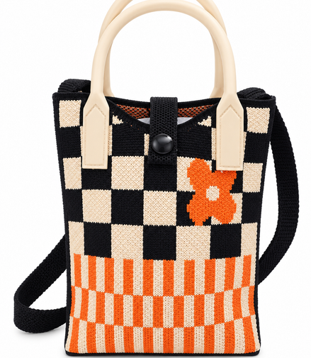 Women’s Black & Cream Checked Knitted Shoulder Bag with Orange Floral Detail