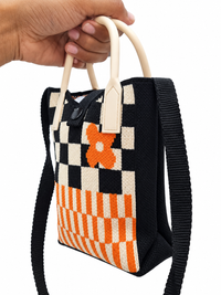 Women’s Black & Cream Checked Knitted Shoulder Bag with Orange Floral Detail