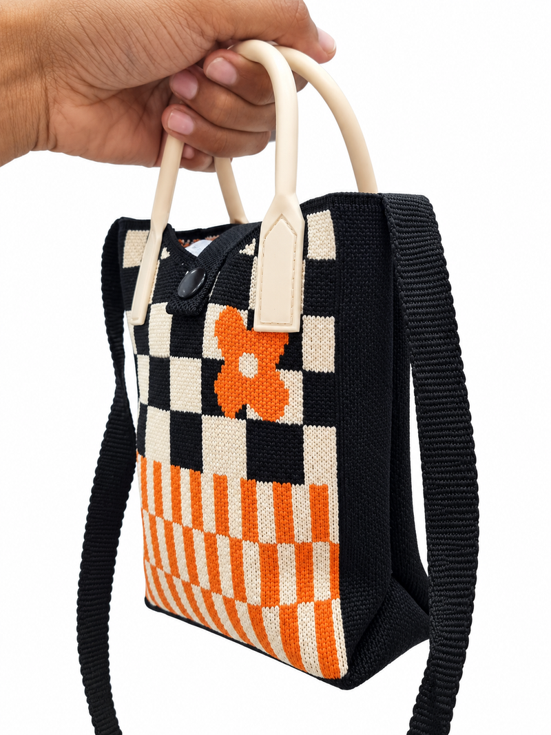 Women’s Black & Cream Checked Knitted Shoulder Bag with Orange Floral Detail